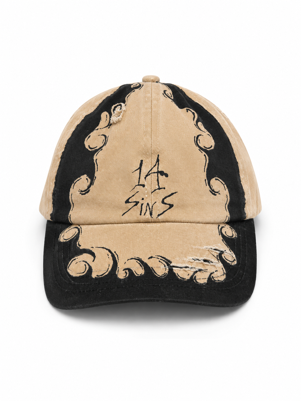 14 SINS Distressed Graphic Wave Embroidery Strapback Cap - Tan/Black