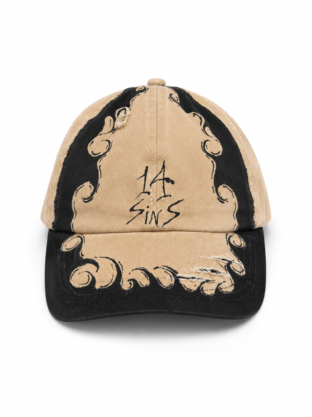14 SINS Distressed Graphic Wave Embroidery Strapback Cap - Tan/Black